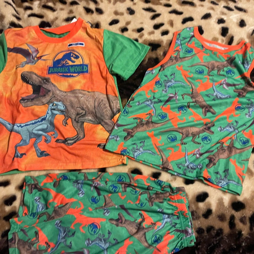 Dinosaur Print Kids Pajamas Set - Green and Orange